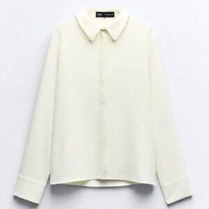 Zara White Pearl Lapel Crepe Shirt NWT Size L • Hidden Buttons • Elegant Blouse
